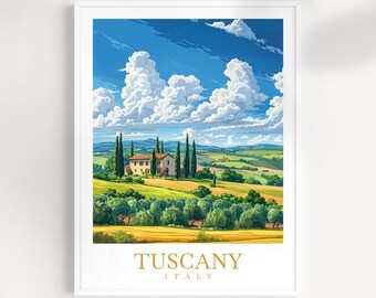 May include: A vintage travel poster featuring a picturesque Tuscan landscape with a white farmhouse nestled among rolling green hills and a bright blue sky with fluffy white clouds. The text "Tuscany ITALY" is printed in gold at the bottom of the poster.