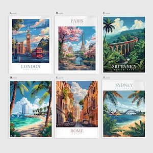 a series of four travel posters depicting different destinations