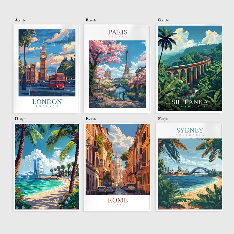 a series of four travel posters depicting different destinations