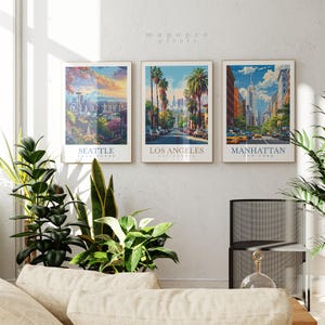 Juego personalizado de 3 pósteres de viajes de EE. UU.: Trío de impresiones de ciudades personalizadas, decoración de viajes por EE. UU., regalo de arte mural personalizado, impresiones de cualquier ubicación de EE. UU.