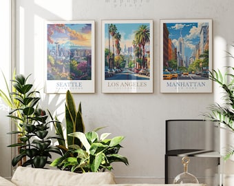 Custom Set of 3 USA Travel Posters – Personalized City Print Trio, American Travel Decor, Custom Wall Art Gift, Any U.S. Location Prints