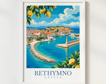 Rethymno Crete Greece Travel Print, Venetian Harbor Wall Art, Greek Island Coastal Poster