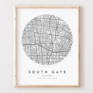 Impressão de mapa do portão sul, mapa do portão sul, arte de parede da cidade, mapa de estradas da Califórnia, decoração de mapa de ruas da Califórnia, presente de escritório, l894v4