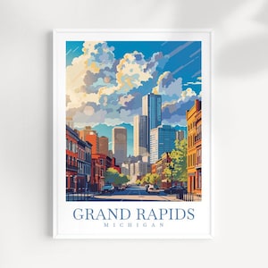 May include: A vintage-style illustration of a city street scene in Grand Rapids, Michigan. The image features a row of buildings with a cloudy blue sky above. The text "GRAND RAPIDS MICHIGAN" is at the bottom of the image.