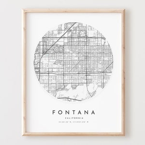 Impressão de mapa de Fontana, mapa de Fontana pôster arte de parede de cidade, mapa de estradas Ca, decoração de mapa de rua com impressão da Califórnia, presente de escritório, L598v4