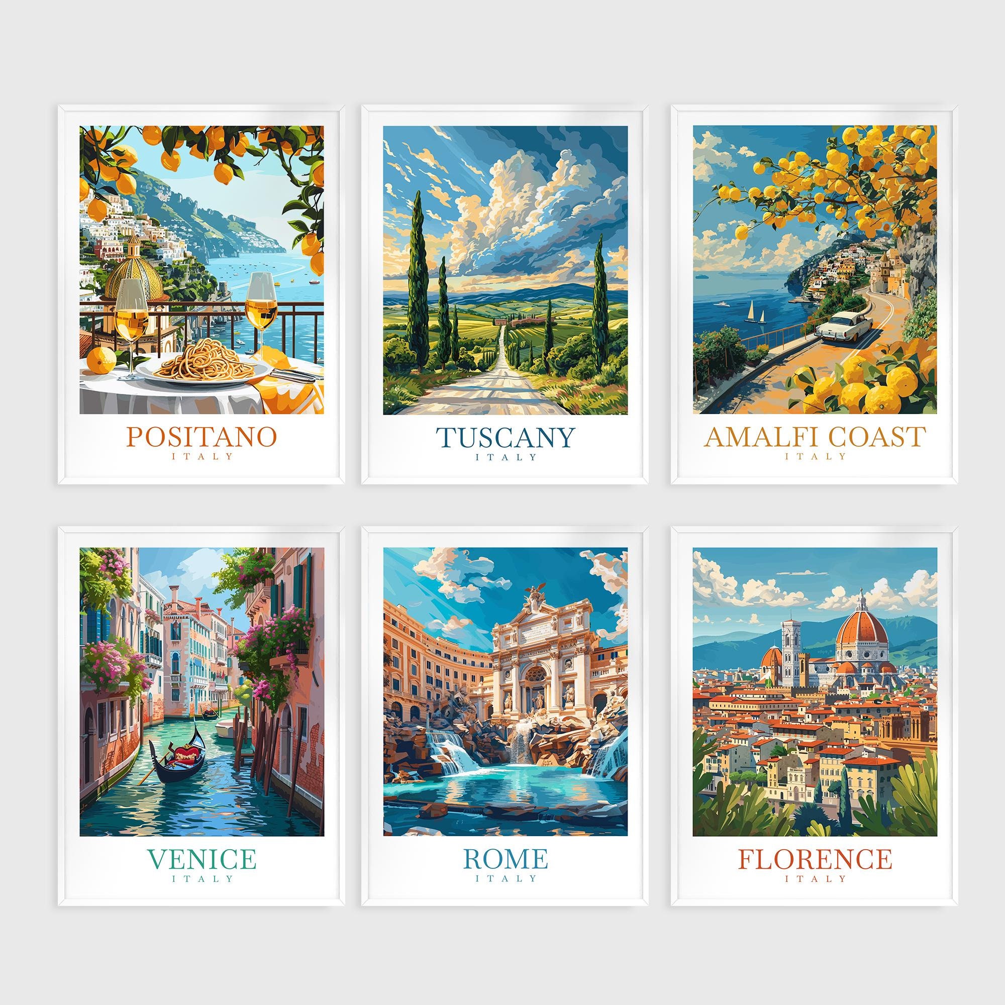 Ensemble de 6 affiches de voyage en Italie Affiche de voyage personnalisée Art mural personnalisé Positano Toscane Amalfi Venise Rome Florence Art de voyage