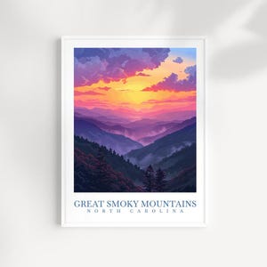 Great Smoky Mountains North Carolina Travel Print Wall Art - Illustrated Mountain & Landscape, Nature Artwork, NC Decor, Adventure Gift