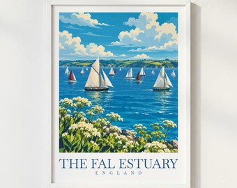 Fal Estuary Cornwall Travel Poster, Falmouth Sailing Print, Cornwall Coastal Wall Art, England Seaside Illustration