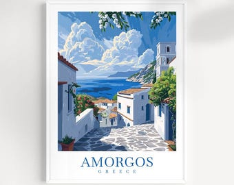 May include: A framed art print featuring a scenic view of Amorgos, Greece. The artwork depicts white buildings with blue accents, a cobblestone street, and a view of the sea under a bright blue sky with fluffy clouds. The text "AMORGOS GREECE" is at the bottom.