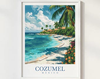 Cozumel Mexico Travel Print Illustration Style Wall Art Poster Tropical Beach Ocean Decor