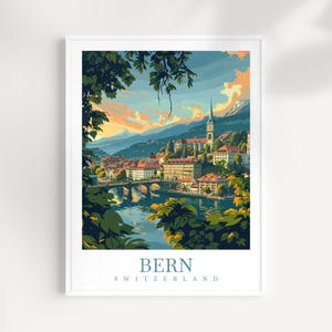 May include: A vintage travel poster featuring a colorful illustration of the city of Bern, Switzerland. The poster features a cityscape with a church steeple, buildings, and a river. The text "BERN SWITZERLAND" is printed at the bottom of the poster.