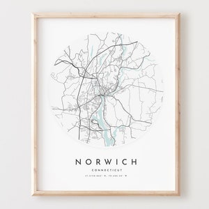 Impressão de mapa de Norwich, mapa de Norwich pôster arte de parede da cidade, mapa de estrada Ct, decoração de mapa de rua com impressão de Connecticut, presente de escritório, L608v4