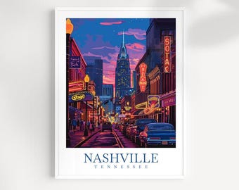 Nashville Tennessee Travel Poster: Colorful Cityscape Wall Art
