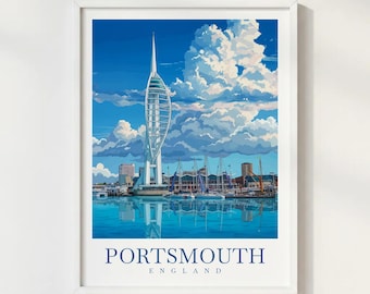 Portsmouth England Travel Print Illustration Style Wall Art Poster Coastal Harbor Maritime Decor