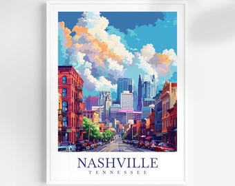 May include: A colourful illustration of the Nashville skyline with buildings and a street lined with trees. The text "NASHVILLE TENNESSEE" is at the bottom of the image.