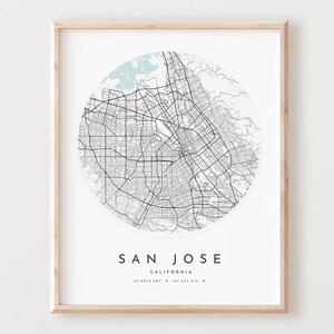 Impressão de mapa de San Jose, mapa de San Jose pôster arte de parede da cidade, mapa de estradas Ca, decoração de mapa de rua com impressão da Califórnia, presente de escritório, L163v4