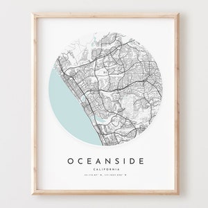 Oceanside Karte Print, Küstenkarte Poster Stadt Wandbild, Ca Straßenkarte, Kalifornien Karte Dekor, Geschenk für Büro, L653v4