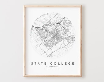 State College PA Map Art Print: Minimalist City Street Map