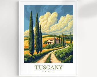 May include: A painting of a winding road leading to a house in the Tuscan countryside. The road is lined with cypress trees and the sky is a bright blue with fluffy white clouds. The text "Tuscany, ITALY" is at the bottom of the painting.