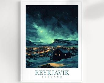 May include: A night-time cityscape of Reykjavik, Iceland, with a single house in the foreground and the Northern Lights in the sky. The text "REYKJAVÍK ICELAND" is at the bottom of the image.