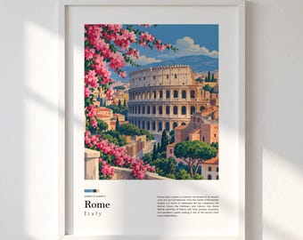 Rome Travel Print, Illustrated Destination Story Wall Art, Colosseum Italy Poster, Rome Coordinates, Italian City Decor