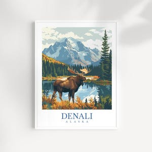 Impresión de pared de viaje a Denali, Alaska: paisaje montañoso ilustrado, obra de arte natural original, decoración de Alaska, regalo de aventura