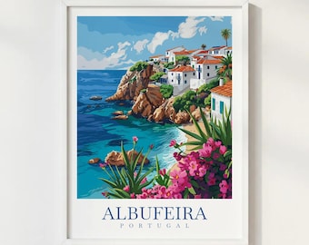 Albufeira Algarve Portugal Travel Print Illustration Style Wall Art Poster Coastal Town Decor