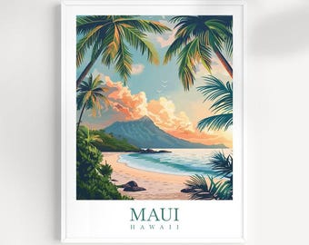 May include: A colorful illustration of a tropical beach scene with palm trees, a mountain range, and a blue ocean. The text "MAUI HAWAII" is at the bottom of the image.