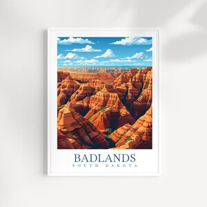 Stampa artistica da parete con stampa di viaggio Badlands South Dakota - Paesaggio illustrato del deserto e delle rocce, opera d&#39;arte naturalistica, decorazione del South Dakota, regalo d&#39;avventura