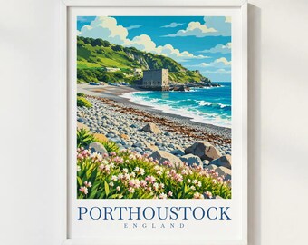 Porthoustock Cornwall Travel Print, English Coast Wall Art, Seaside Village Poster