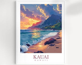 May include: A framed art print depicting a vibrant sunset over a beach scene. The artwork features a colorful sky with clouds, ocean waves, a sandy shore, and the text "KAUAI HAWAII" at the bottom. The color palette includes shades of blue, orange, and brown.