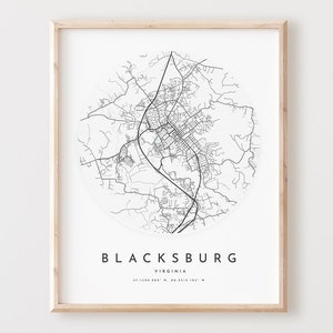 Impressão de mapa de Blacksburg, mapa de Blacksburg pôster arte de parede da cidade, mapa de estrada Va, decoração de mapa de rua com impressão de Virgínia, presente de escritório, L908v4