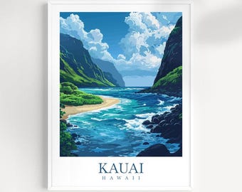 May include: A colorful illustration of a tropical landscape with a river flowing through a valley between two green mountains. The sky is blue with white clouds. The text "KAUAI HAWAII" is at the bottom of the image.