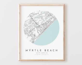 Impression de carte de Myrtle Beach, carte de Myrtle Beach affiche art mural de la ville, carte routière Sc, décor de carte de rue impression Caroline du Sud, cadeau de bureau, L551v4