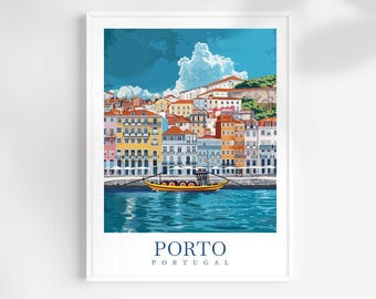 May include: A colorful illustration of the city of Porto, Portugal. The image shows a waterfront scene with colorful buildings, a boat, and the text "PORTO PORTUGAL".