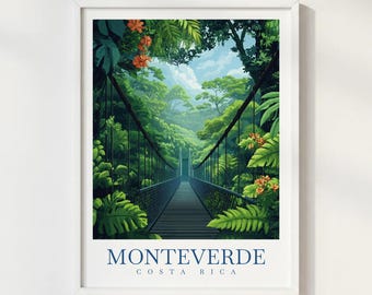 Monteverde Costa Rica Travel Print Illustration Style Wall Art Poster Cloud Forest Nature Decor