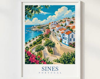 Sines Portugal Travel Poster, Alentejo Coast Print, Portugal Seaside Wall Art, Portuguese Coastal Town Illustration