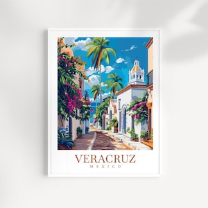 May include: A colorful illustration of a street scene in Veracruz, Mexico. The street is lined with white buildings with red tile roofs and lush green palm trees. The street is paved with cobblestones and there are flowers in bloom along the sides of the street. The text "VERACRUZ MEXICO" is at the bottom of the image.