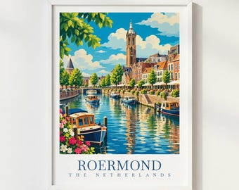 Roermond Netherlands Travel Poster, Dutch City Canal Print, Limburg Wall Art, Netherlands Travel Illustration