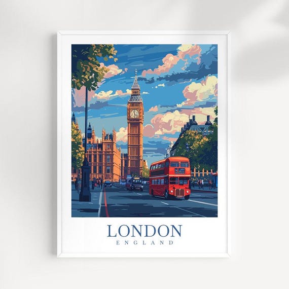 London Travel Print: Big Ben & Red Bus, England Wall Art