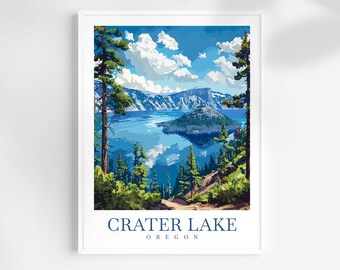 Crater Lake Oregon-tryck: Illustrerad naturlandskapskonst
