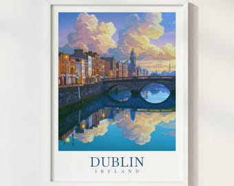 Dublin Ireland Travel Print Illustration Style Wall Art Poster City Landmark Decor