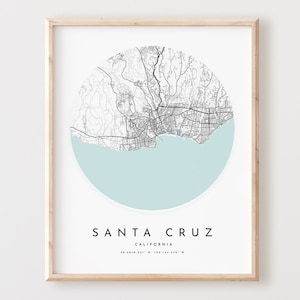 Impressão de mapa de Santa Cruz, mapa de Santa Cruz pôster arte de parede da cidade, mapa de estradas Ca, decoração de mapa de rua com impressão da Califórnia, presente de escritório, L651v4