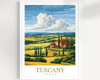 May include: A vintage travel poster featuring a picturesque landscape of rolling hills, a farmhouse, and cypress trees in Tuscany, Italy. The poster has a blue sky with white clouds and the text "Tuscany, Italy" in gold lettering.