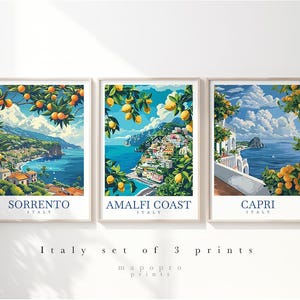 Set de 3 láminas de arte mural para viajar por Italia: Sorrento, Costa Amalfitana y Capri. Oferta especial, set de pósteres italianos, regalo para viajar por Europa.