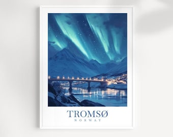 May include: A scenic photograph of a bridge over a body of water in Tromsø, Norway, with the Northern Lights in the sky. The bridge is lit up with streetlights and the water is reflecting the lights. The sky is a deep blue with green and blue streaks of the aurora borealis.