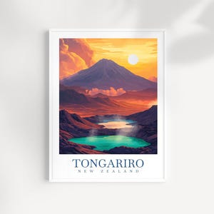 Tongariro New Zealand Travel Print Wall Art - Illustrated Tongariro Landscape, Volcanic Mountains Artwork, Scenic Decor, Travel Gift