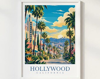 Hollywood California Travel Print, Los Angeles Wall Art, Palm Tree City Poster
