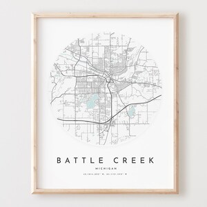 Impressão de mapa de Battle Creek, mapa de Battle Creek pôster arte de parede da cidade, mapa de estradas Mi, decoração de mapa de rua com impressão de Michigan, presente de escritório, L1034v4