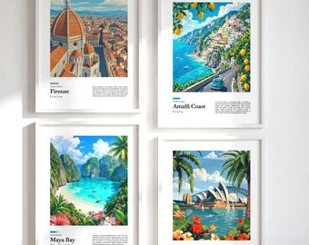 Custom Set of 4 Travel Prints, Choose Any Destinations, Illustrated Wall Art, Paper Print or Canvas, Location Personalized Poster gift